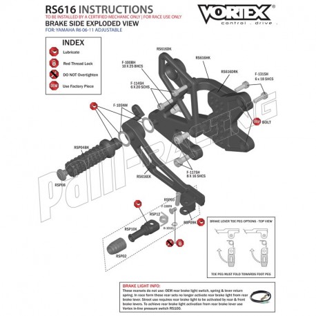 Pièce de rechange pour commandes reculées VORTEX V2 R6 2006-2016