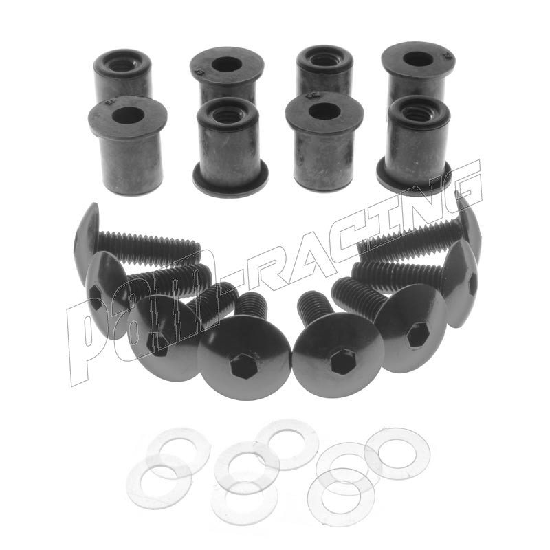 Lot de 8 vis alu noir M6 + écrou caoutchouc + rondelle - kit fixation pour  bulle ou carénage - PAM RACING