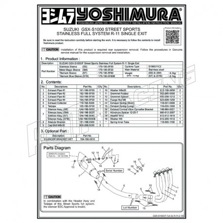 Pièces de rechange pour ligne complète inox Yoshimura R-11 GSX-S 1000 / 1000F 2015-2020