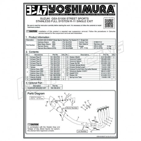 Pièces de rechange pour ligne complète inox Yoshimura R-11 GSX-S 1000 / 1000F / Katana 2015-2026