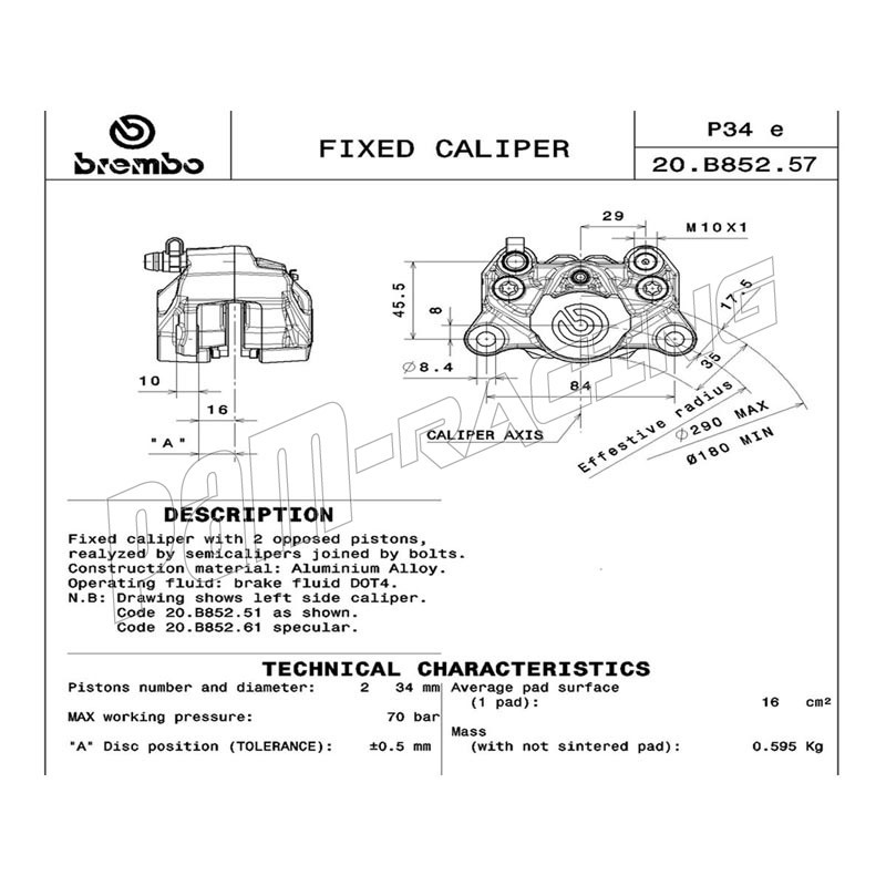 20B85166 ÉTRIER DE FREIN ARRIÈRE GAUCHE BREMBO SÉRIE NOIRE P32G